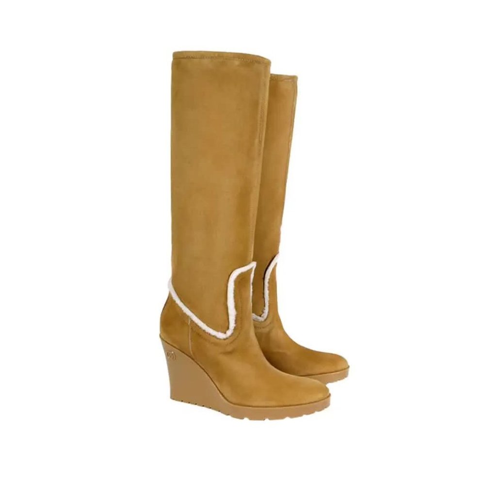New Gucci Light Cognac Merino Lambskin Shearling Wedge Boots Size 6.5